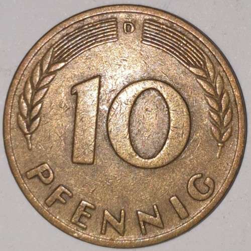 1950 D - 10 PFENNIG - TEN PFENNIG - GERMANY - FEDERAL REPUBLIC - (Brass Clad Steel) KM# 108